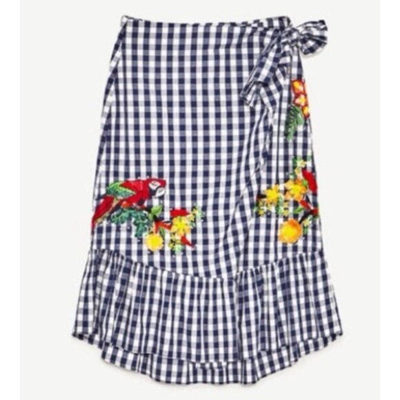 Zara Gingham Wrap Skirt Medium M Embroidered Parrot Floral Side Tie - Picture 1 of 8